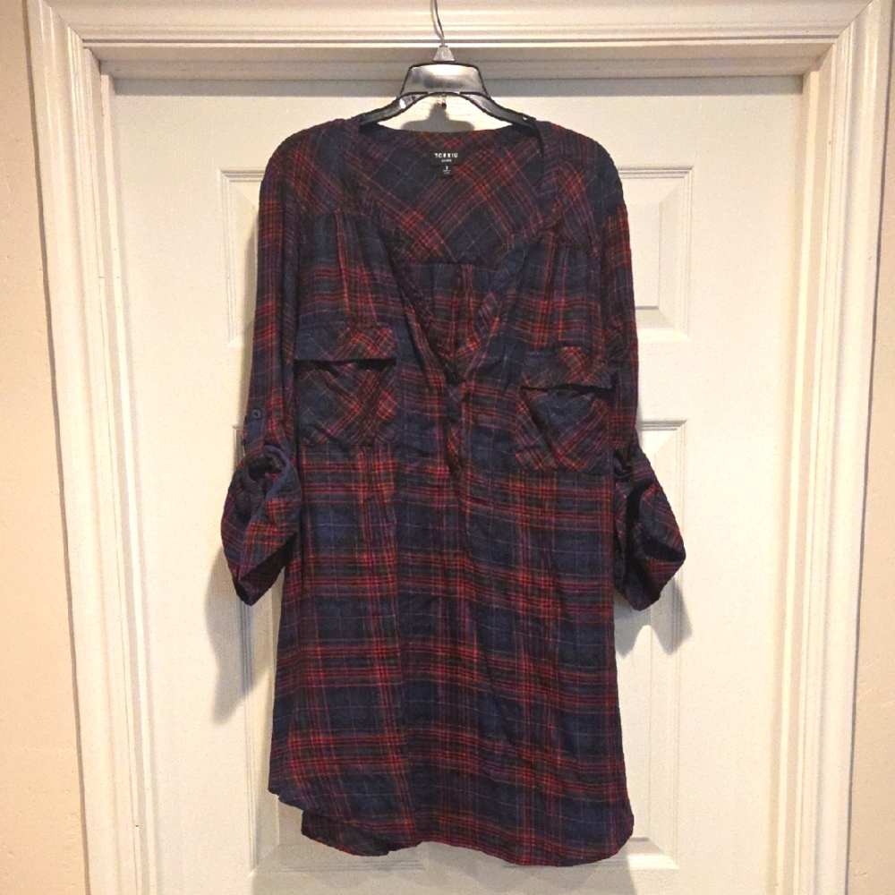 Torrid Red and Blue Plaid Long Sleeve Tunic